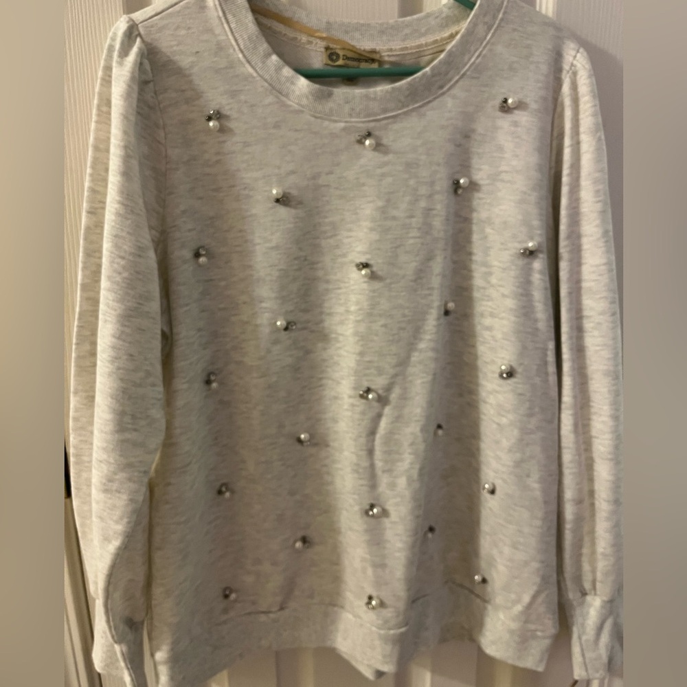 Democracy Gray Sweatshirt with Pearl and Rhinestone  Embellishments